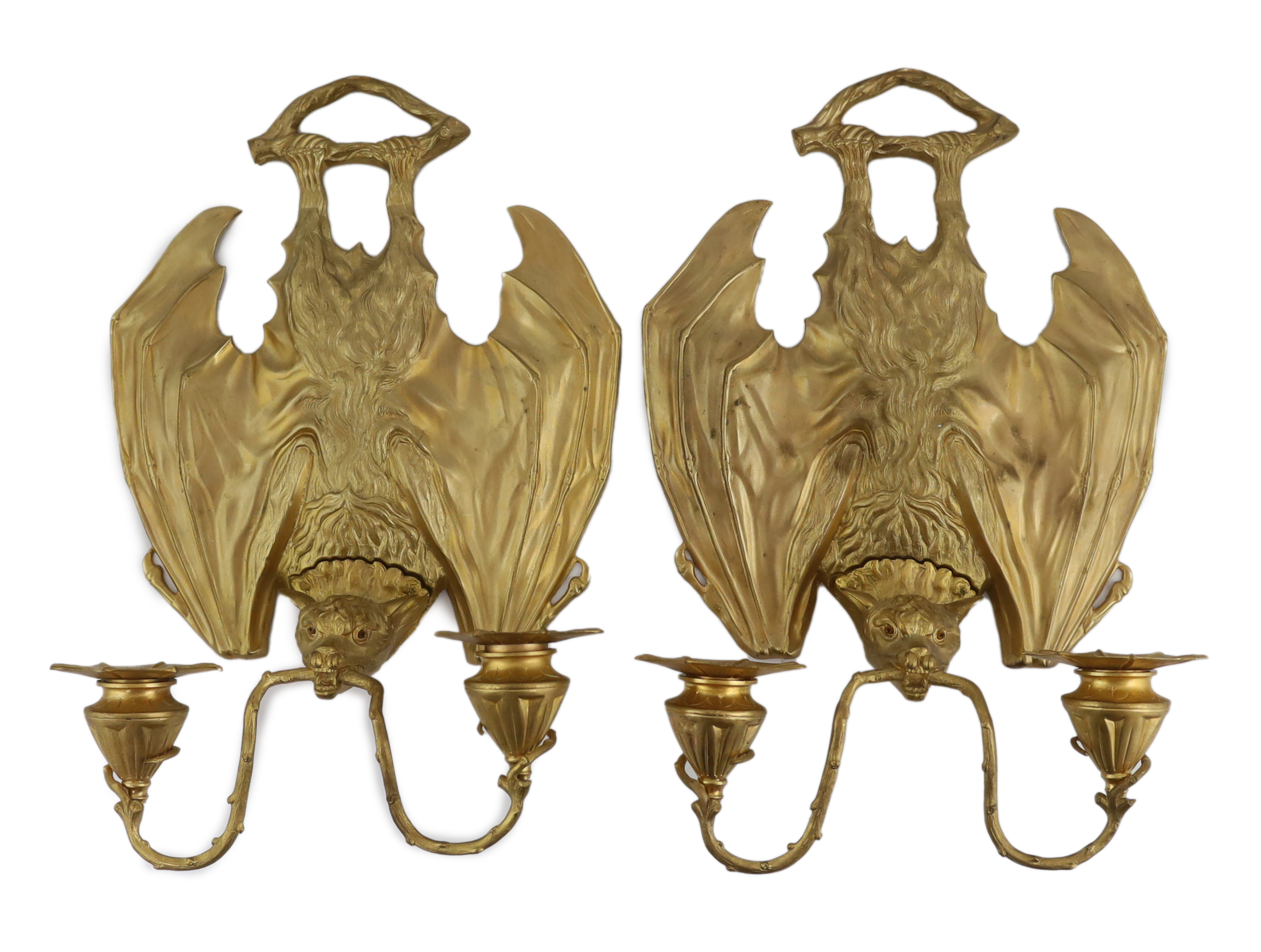 After William Tonks & Sons for Liberty & Co. of London, a pair of Victorian ormolu wall brackets modelled as hanging bats